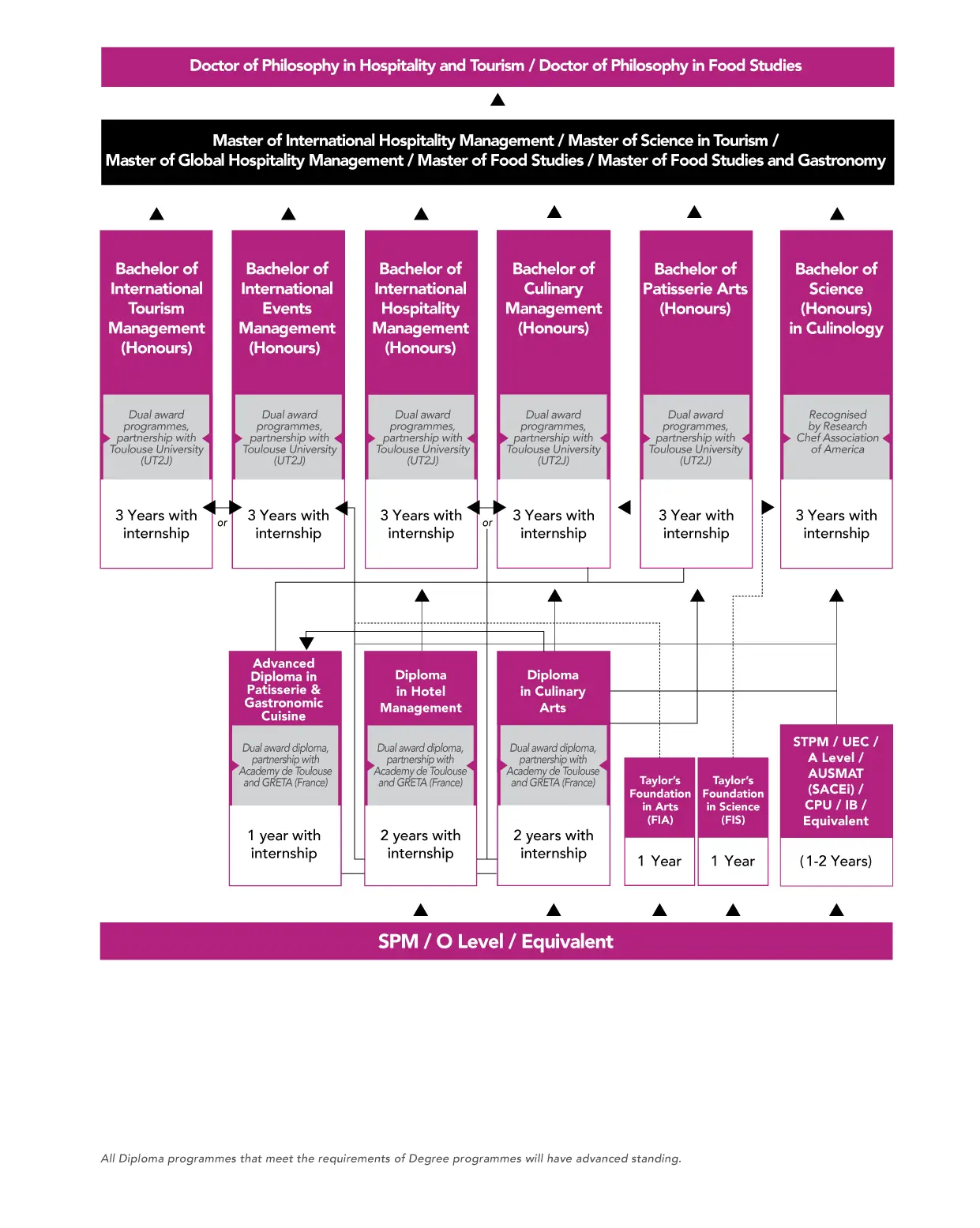A chart showing the education pathway for hospitality Degree